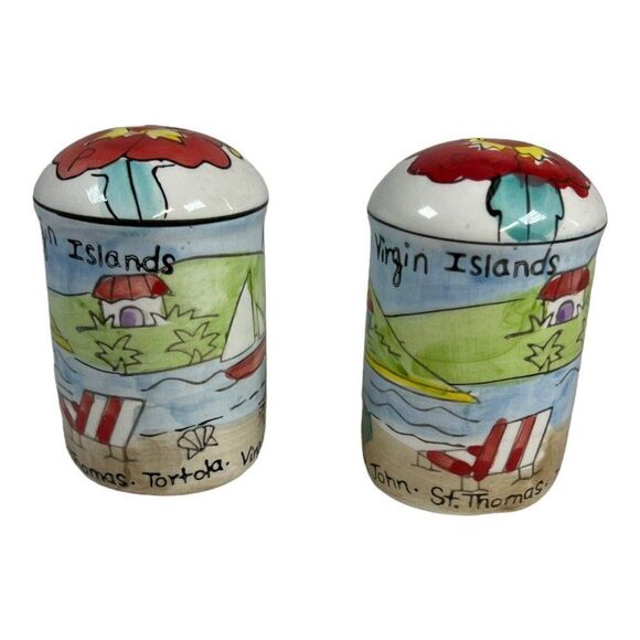 Vintage Virgin Islands Salt  Pepper Shakers With Flowers Beach Scene St Thomas - Picture 1 of 5